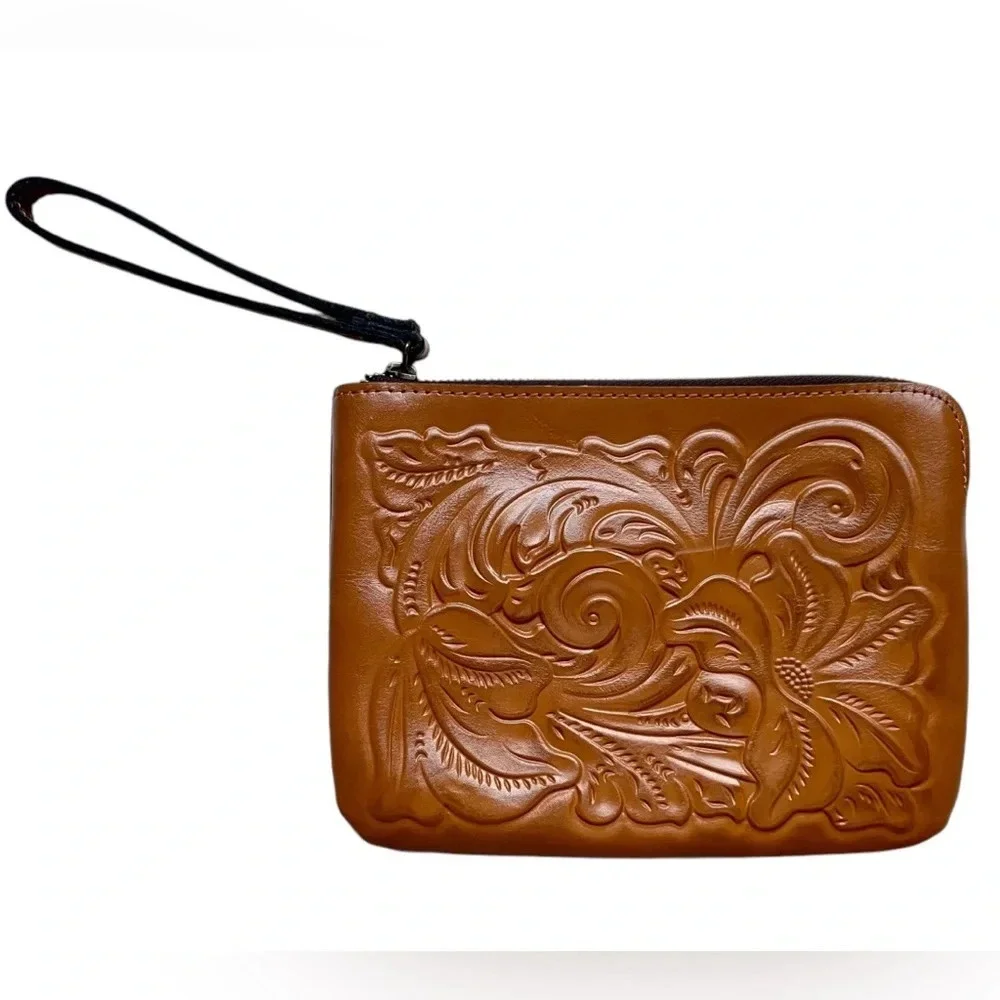 Patricia Nash Cassini Tooled Brown Leather Wristlet NWOT
